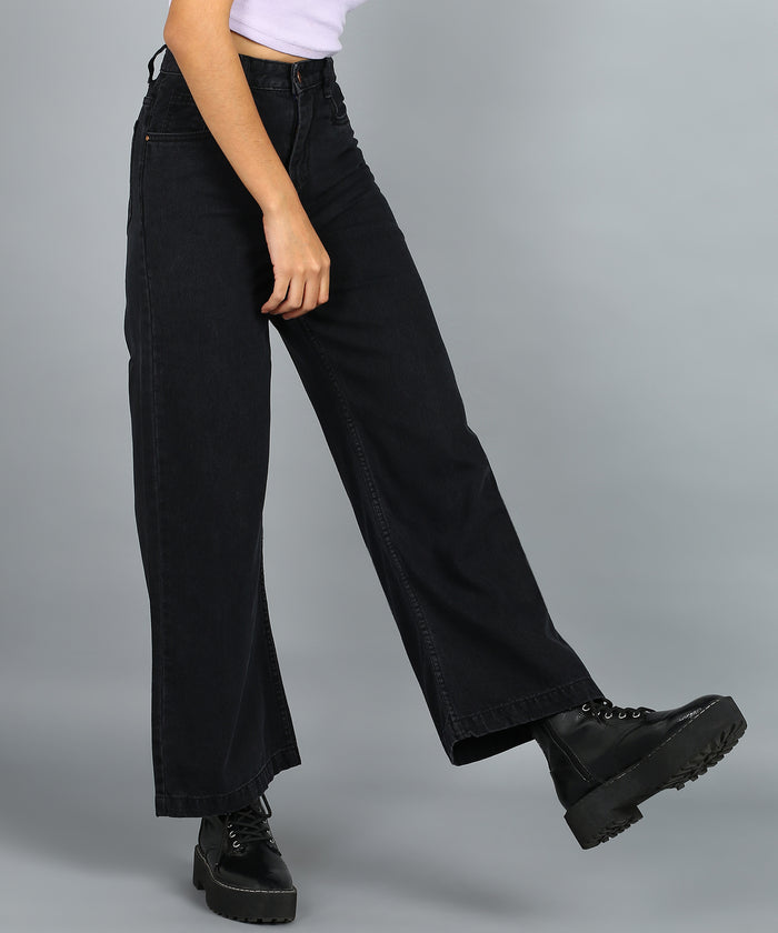 Women's Dark Grey Wide Leg Fit Washed Jeans