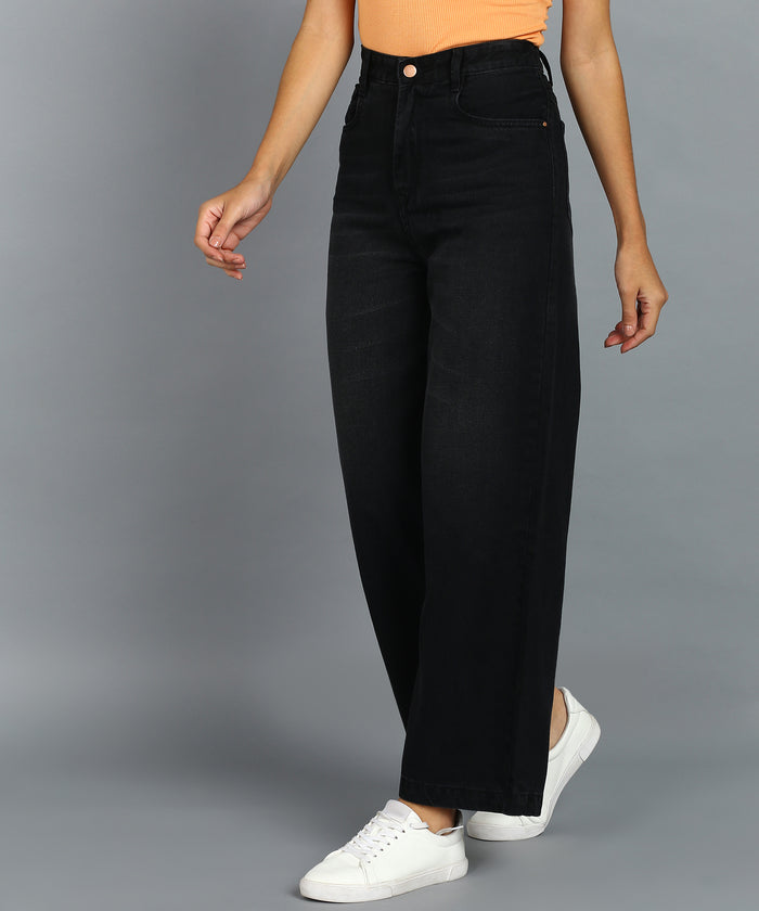 Women's Dark Grey Wide Leg Fit Washed Jeans