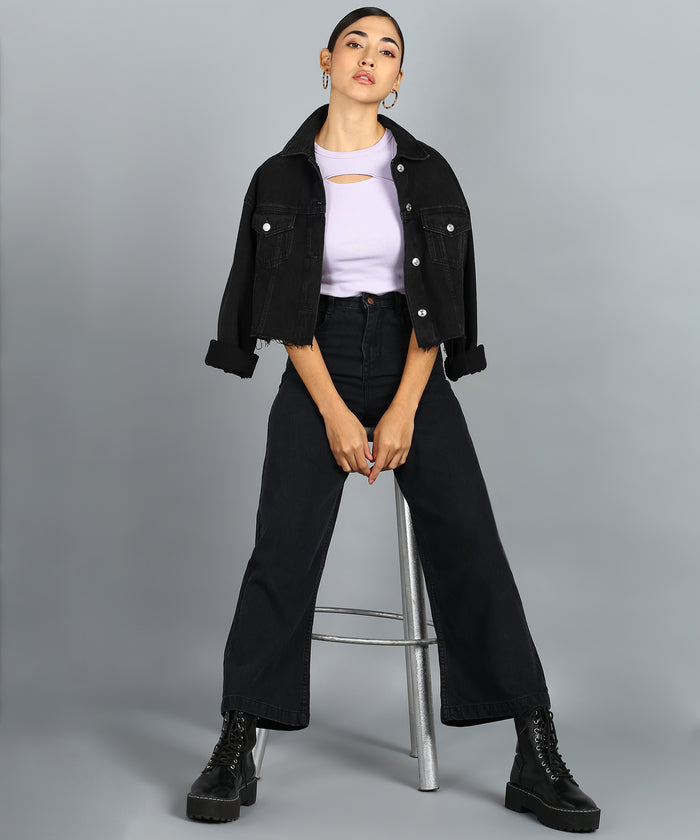 Women's Dark Grey Wide Leg Fit Washed Jeans