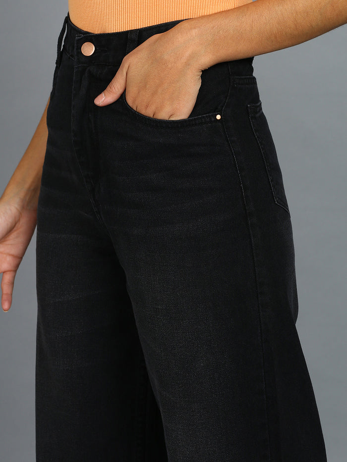 Women's Dark Grey Wide Leg Fit Washed Jeans