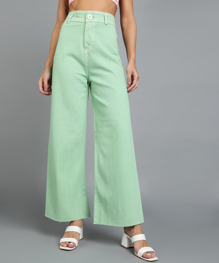 Women's Green Wide Leg Fit Washed Jeans