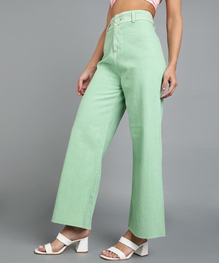 Women's Green Wide Leg Fit Washed Jeans