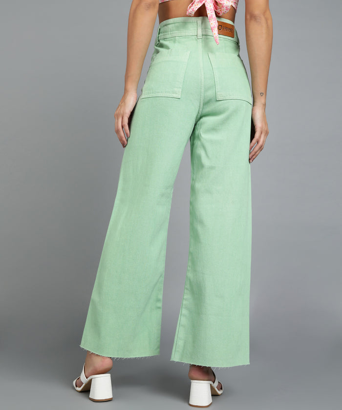 Women's Green Wide Leg Fit Washed Jeans
