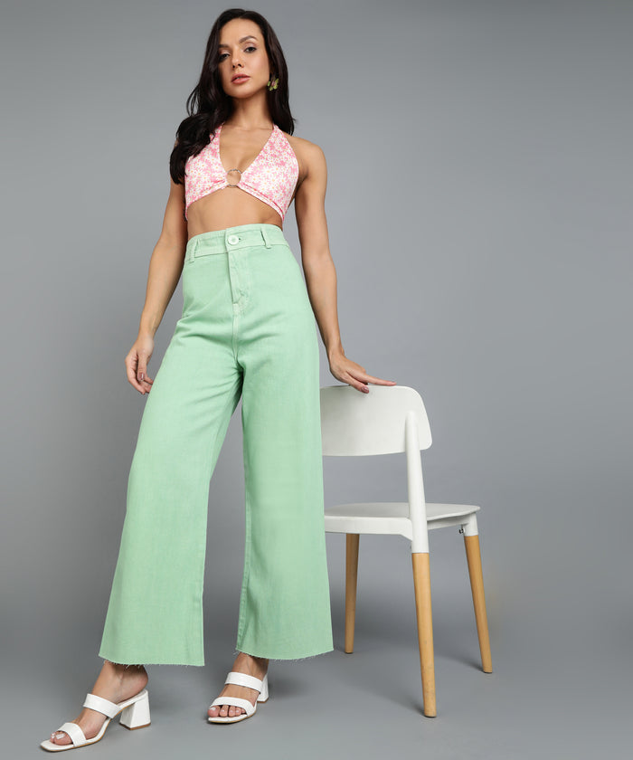 Women's Green Wide Leg Fit Washed Jeans