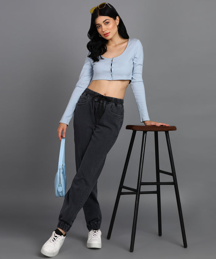 Women's Grey Regular Fit Washed Jogger Jeans