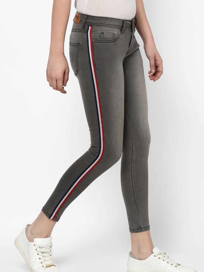 Women's Grey Side Striped Skinny Fit Jeans Stretch