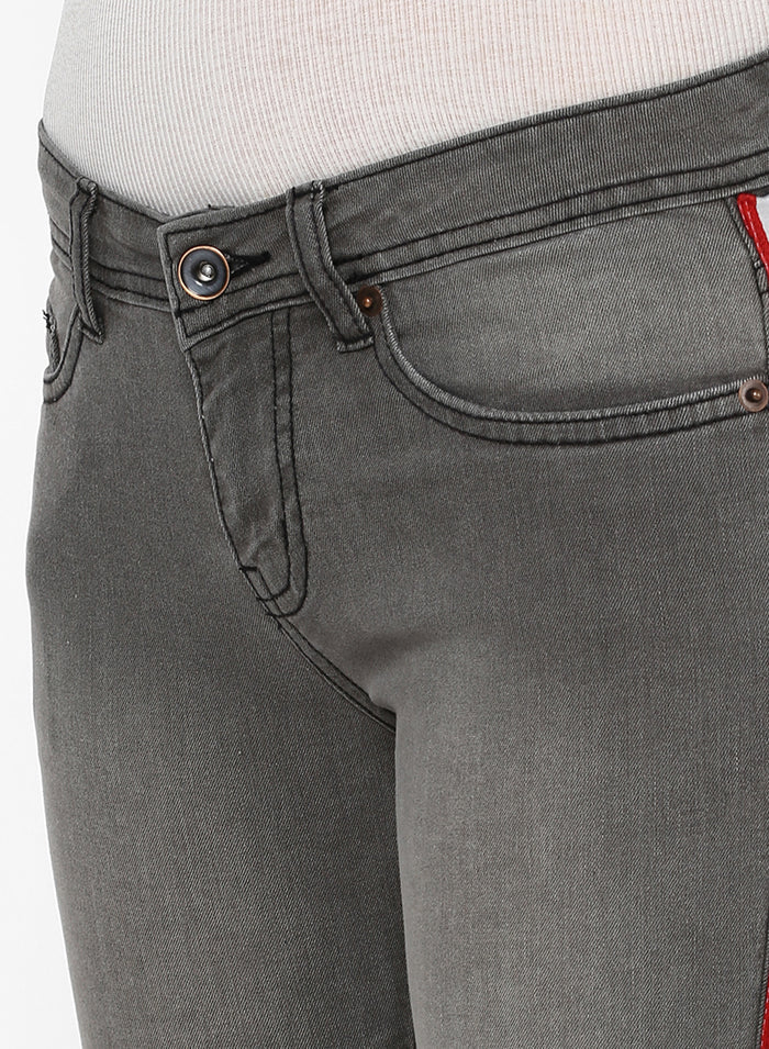 Women's Grey Side Striped Skinny Fit Jeans Stretch