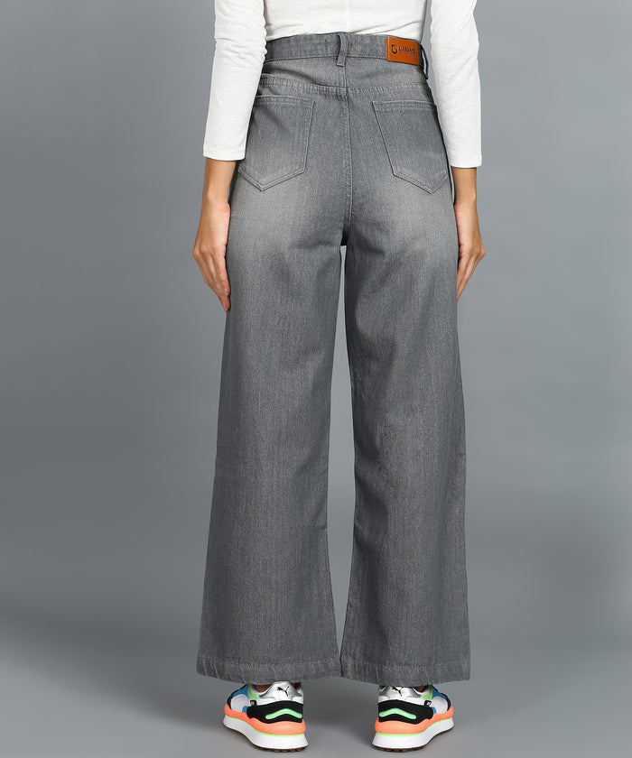 Women's Grey Wide Leg Fit Washed Jeans