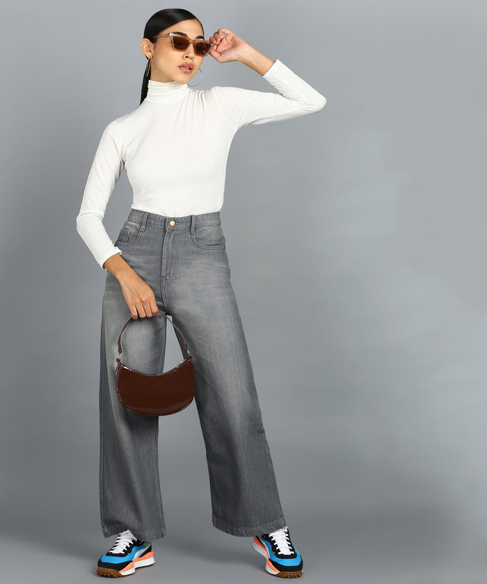Women's Grey Wide Leg Fit Washed Jeans
