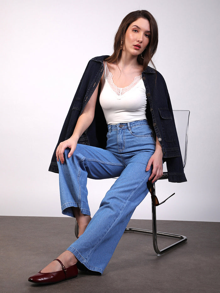 Women's Ice Blue Wide Leg Fit Washed Jeans