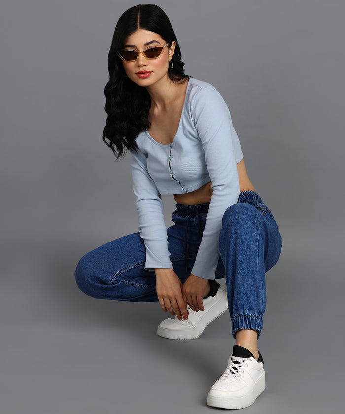 Women's Light Blue Regular Fit Washed Jogger Jeans