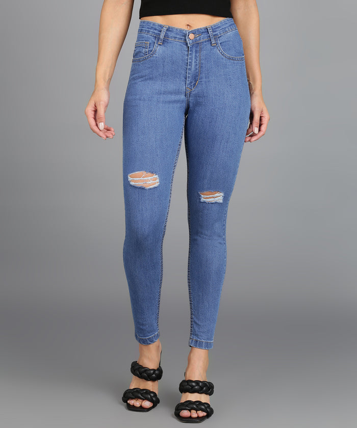 Women's Light Blue Skinny Fit Mild Distressed Washed Jeans