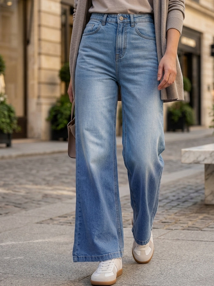 Women's Light Blue Wide Leg Fit Washed Jeans