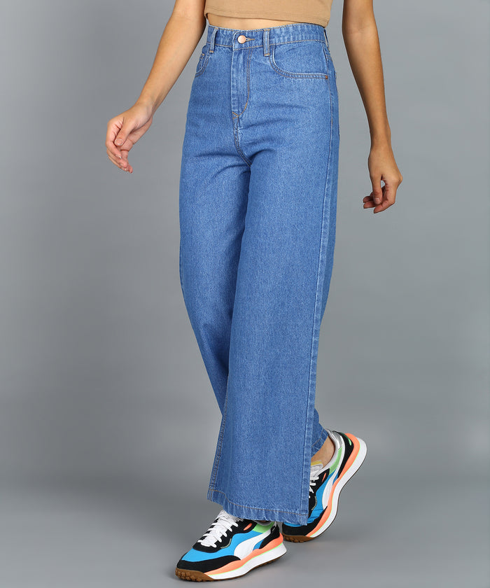 Women's Light Blue Wide Leg Fit Washed Jeans