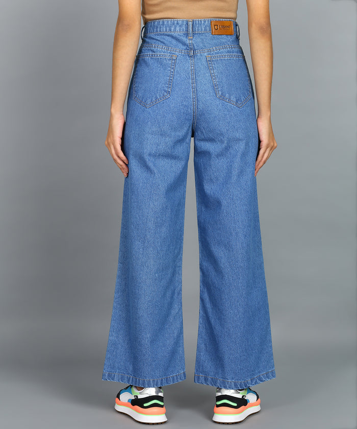 Women's Light Blue Wide Leg Fit Washed Jeans