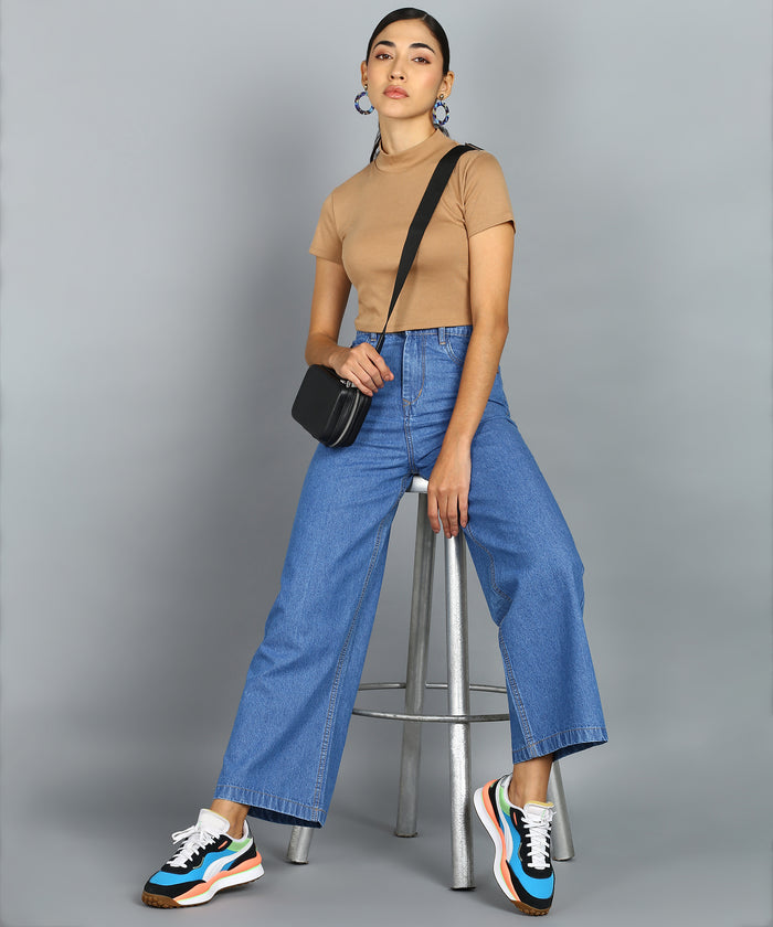 Women's Light Blue Wide Leg Fit Washed Jeans