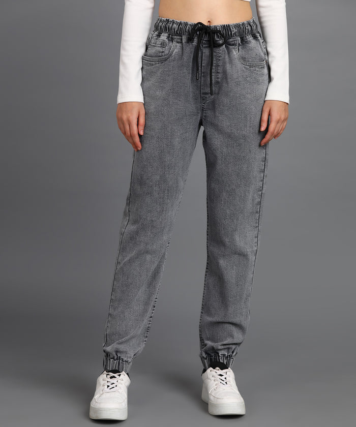 Women's Light Grey Regular Fit Washed Jogger Jeans