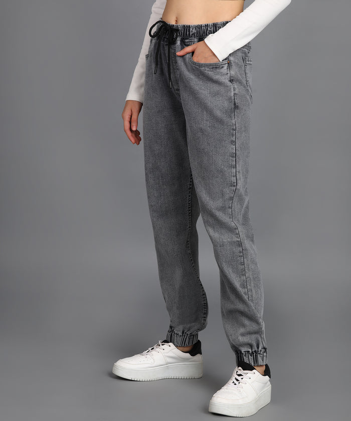 Women's Light Grey Regular Fit Washed Jogger Jeans