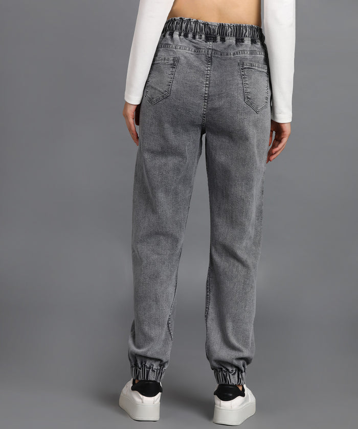 Women's Light Grey Regular Fit Washed Jogger Jeans