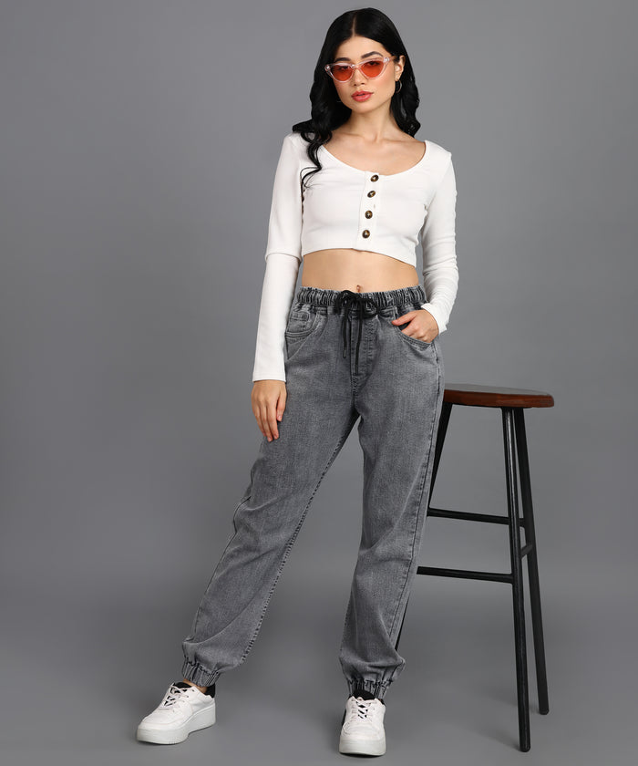 Women's Light Grey Regular Fit Washed Jogger Jeans