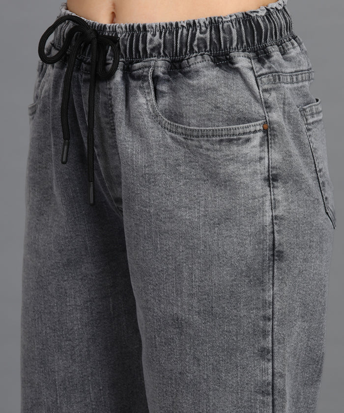 Women's Light Grey Regular Fit Washed Jogger Jeans