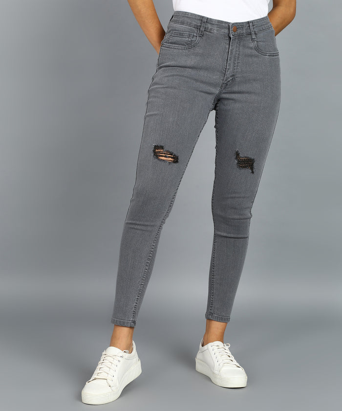 Women's Light Grey Skinny Fit Mild Distressed Washed Jeans