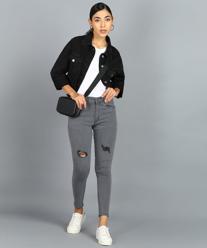 Women's Light Grey Skinny Fit Mild Distressed Washed Jeans