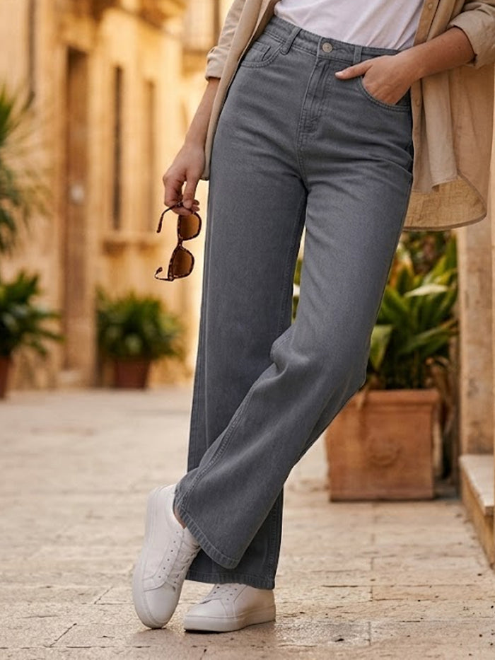 Women's Light Grey Wide Leg Fit Washed Jeans