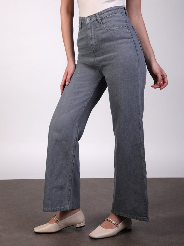 Women's Light Grey Wide Leg Fit Washed Jeans