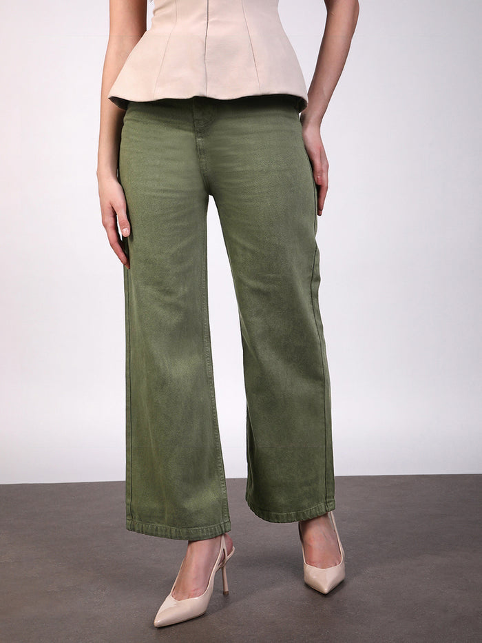 Women's Olive Green Wide Leg Fit Washed Jeans