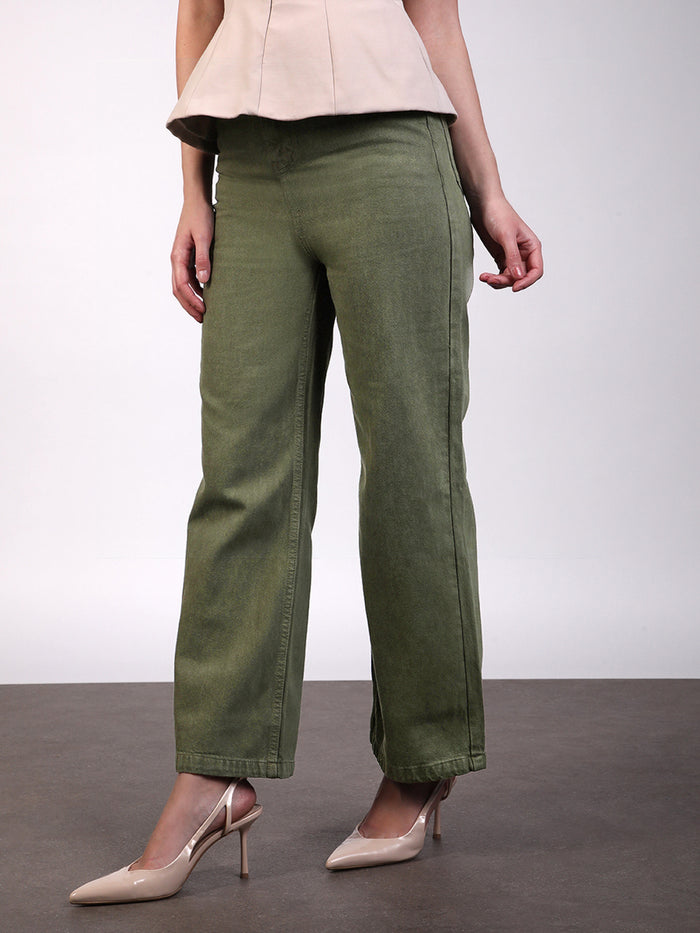 Women's Olive Green Wide Leg Fit Washed Jeans