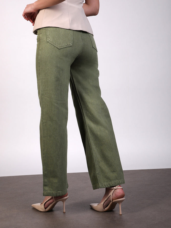 Women's Olive Green Wide Leg Fit Washed Jeans