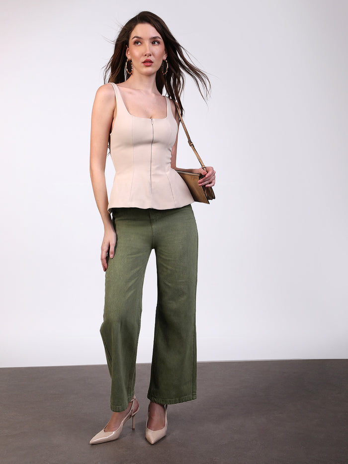 Women's Olive Green Wide Leg Fit Washed Jeans