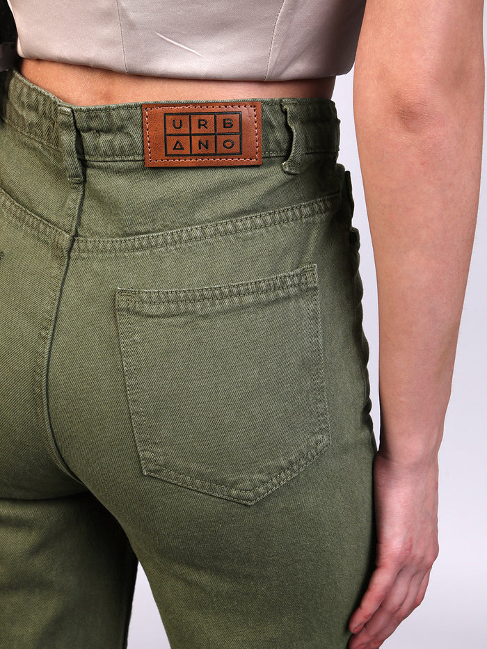 Women's Olive Green Wide Leg Fit Washed Jeans