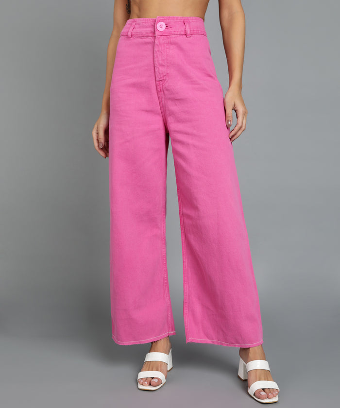 Women's Pink Wide Leg Fit Washed Jeans