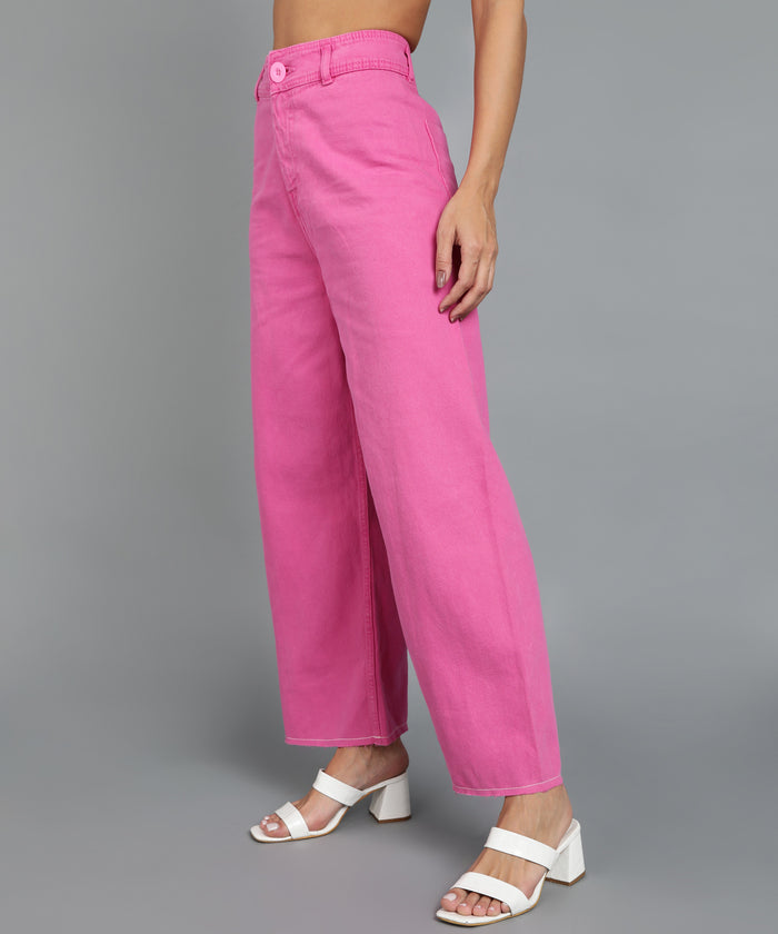 Women's Pink Wide Leg Fit Washed Jeans