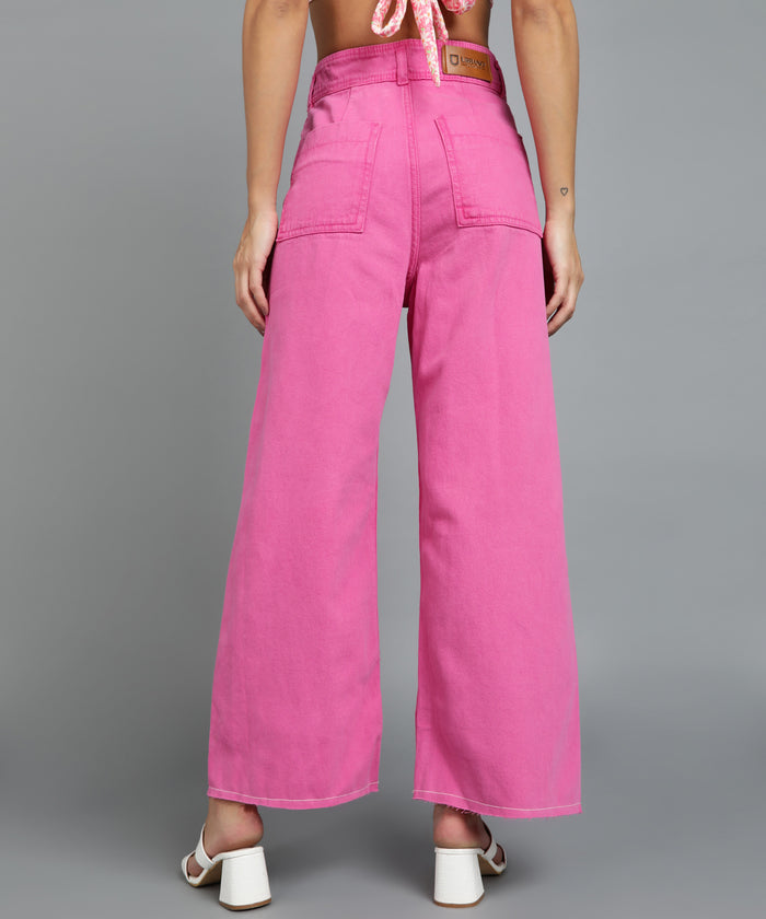 Women's Pink Wide Leg Fit Washed Jeans