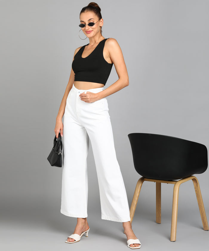 Women's White Wide Leg Fit Washed Jeans