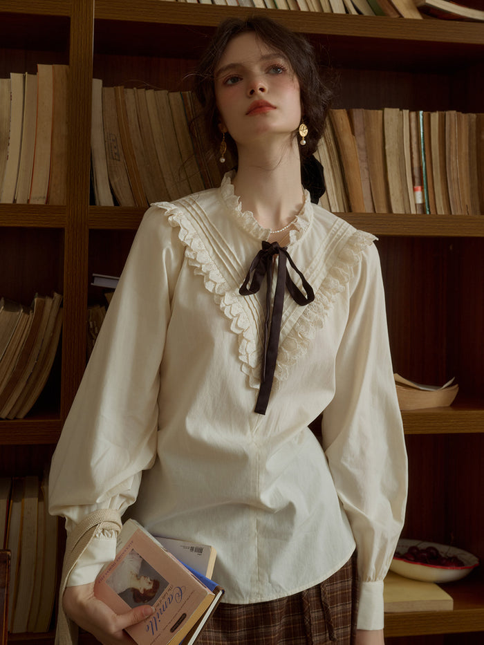 Yareli Vintage Lace Panel Contrasting Lace-up Ruffle Collar Blouse