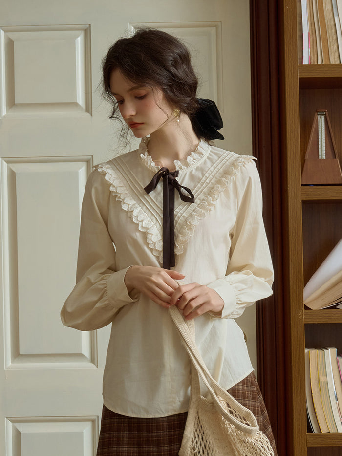Yareli Vintage Lace Panel Contrasting Lace-up Ruffle Collar Blouse