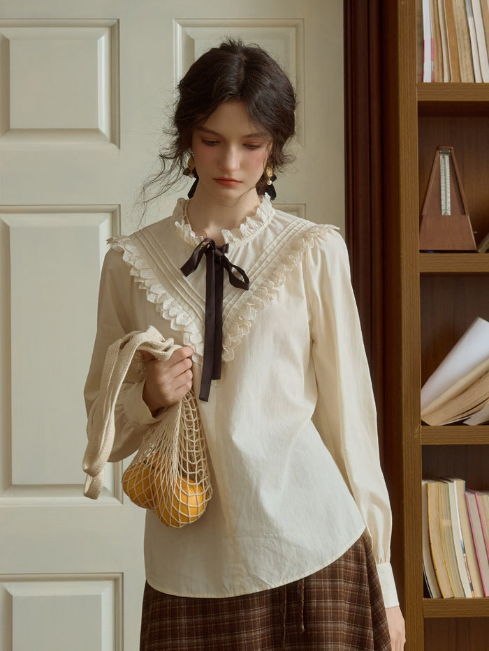 Yareli Vintage Lace Panel Contrasting Lace-up Ruffle Collar Blouse