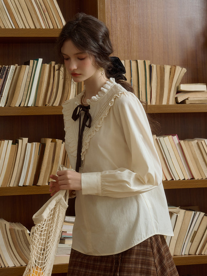 Yareli Vintage Lace Panel Contrasting Lace-up Ruffle Collar Blouse