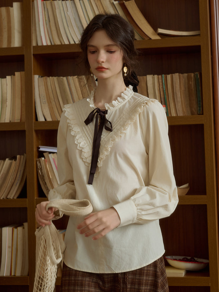 Yareli Vintage Lace Panel Contrasting Lace-up Ruffle Collar Blouse