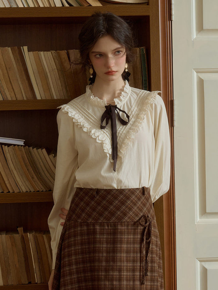 Yareli Vintage Lace Panel Contrasting Lace-up Ruffle Collar Blouse