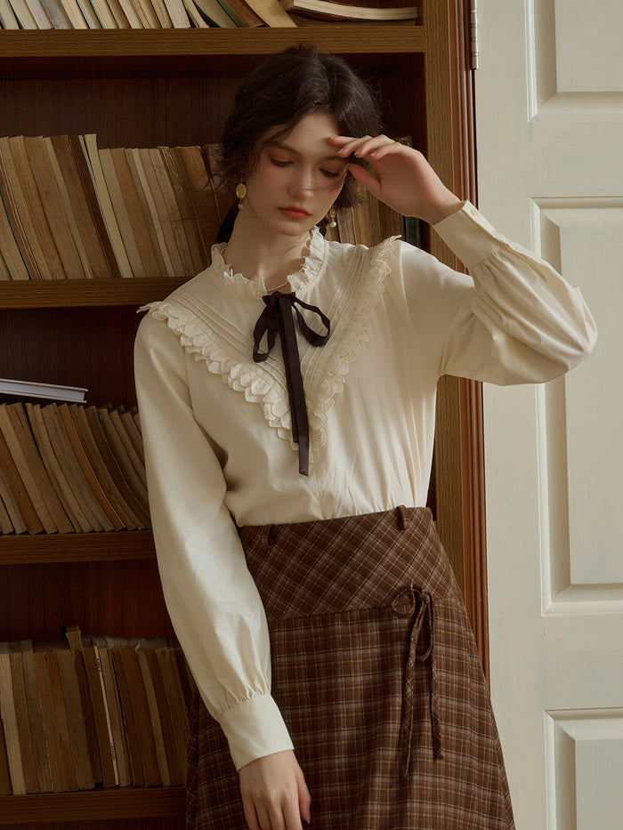 Yareli Vintage Lace Panel Contrasting Lace-up Ruffle Collar Blouse